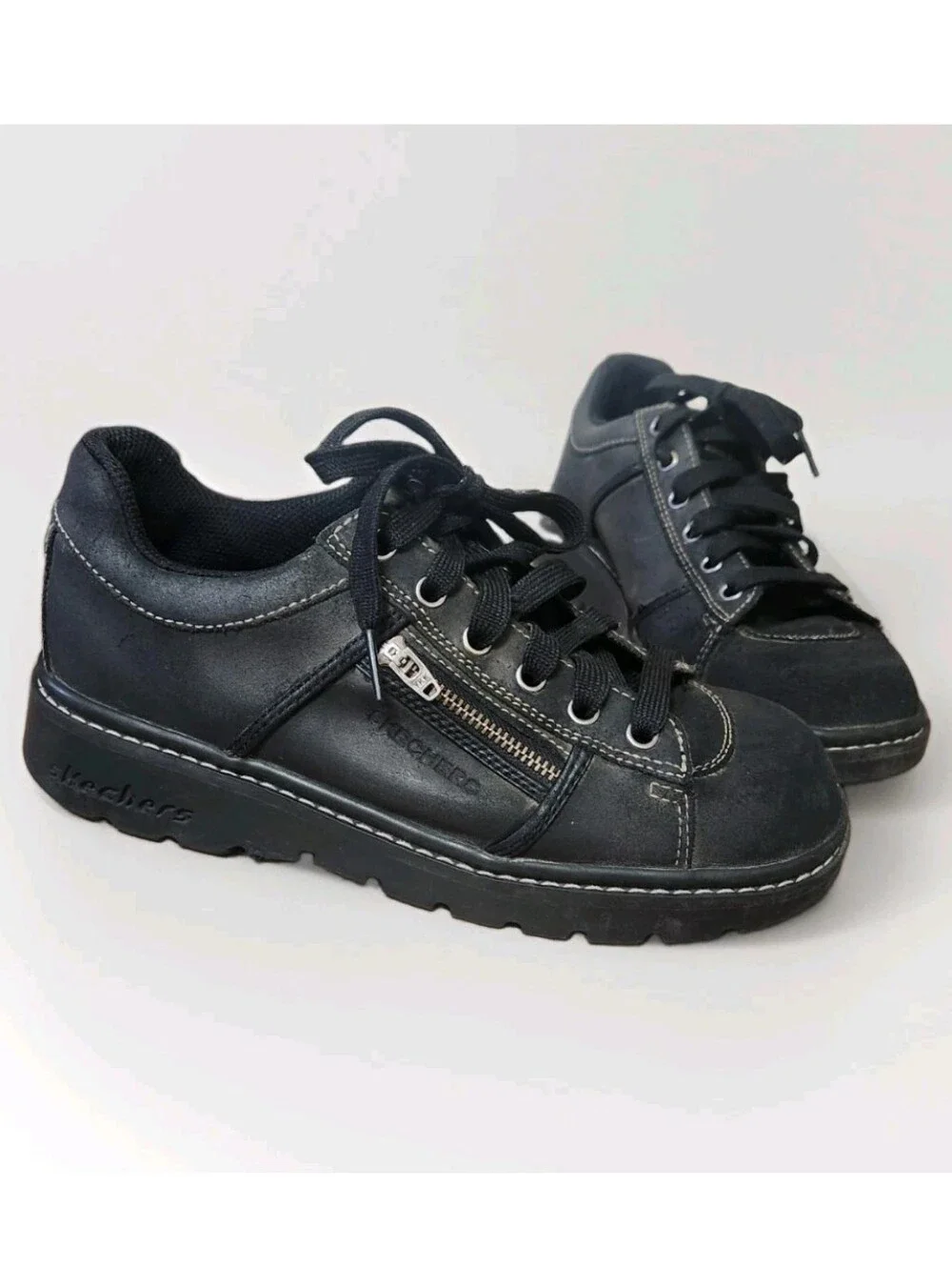 VTG Y2K Skechers Tredd Jammers 8 Black Suede 46406 Chunky Shoes Side Zip Pocket